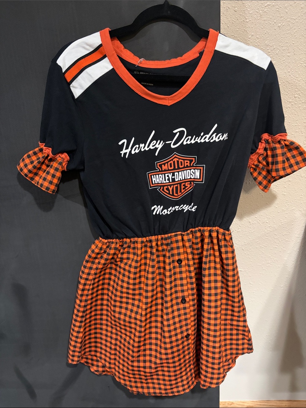 Harley-Davidson Black & Orange Checkered Graphic Dress Top
